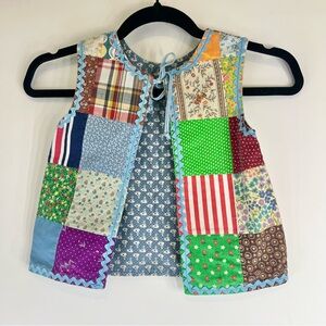 Vintage Patchwork Kids Vest with Blue Ric Rac Trim Handmade 1970s Hippie